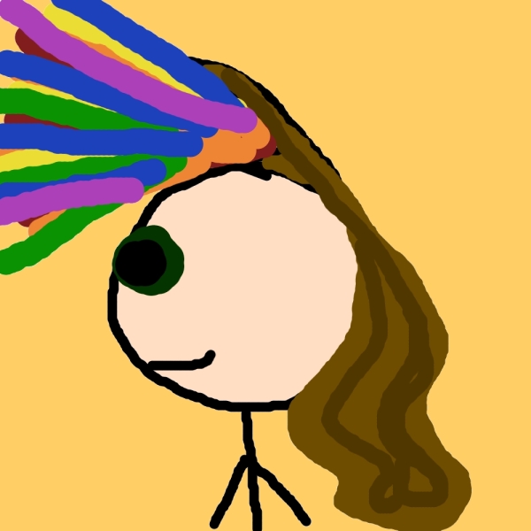 The brunette's brain blows out of her head, only it's a rainbow!