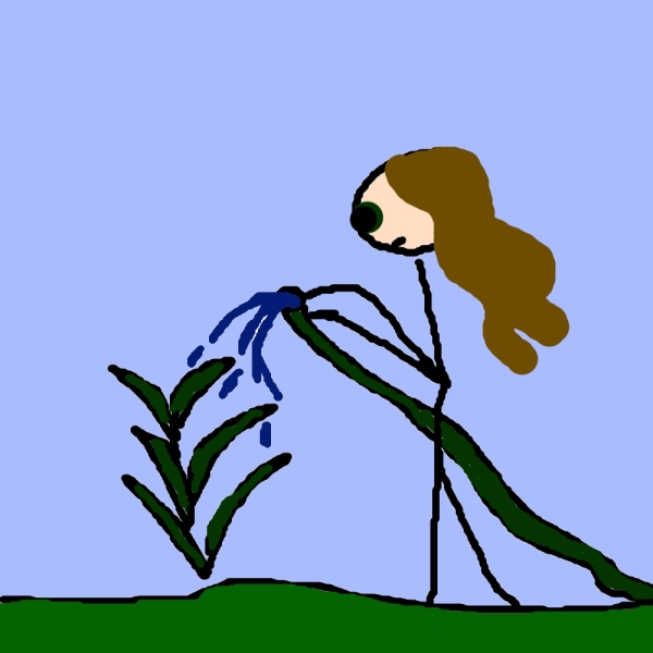 The brunette hoses down a shrub.